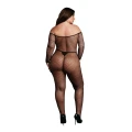 Bodystocking off-shoulder z siateczki, długie rękawy, otwarty krok, XL-4XL