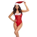 Świąteczne body string z czapką S/M - zmysłowy komplet z piórami i aksamitem