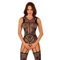 Bodystocking otwarty krok F239 z pończochami, rozmiar S/M/L, czarne, seksowna bielizna
