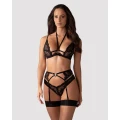 Zmysłowy komplet bielizny 3-częściowy czarny XS/S z koronką i regulowanymi ramiączkami