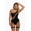 Eleganckie body na jedno ramię KORA czarne XXL/XXXL z tiulowymi wstawkami