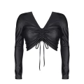 Bluzka damska z dekoltem i sznurkami ściągającymi, ekoskóra, kolor czarny, rozmiar XL