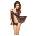 Seksowny komplet bielizny: koszulka z głębokim dekoltem i stringi S/M, czarny tiul