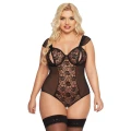 Bodystocking Dora - czarny, XL, z ozdobnymi rozcięciami i kwiatowymi akcentami