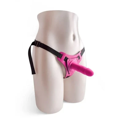 Regulowany strap-on z realistycznym dildo w kolorze różowym, 10 cm długości, dla par