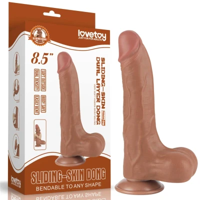 Dildo realistyczne 8.5'' Sliding Skin, brązowe, z podwójną warstwą TPE, przyssawka