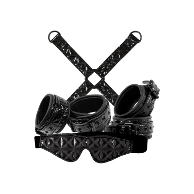 Zestaw do bondage, czarny, mankiety z regulacją, maska, hak więzów, wodoodporny