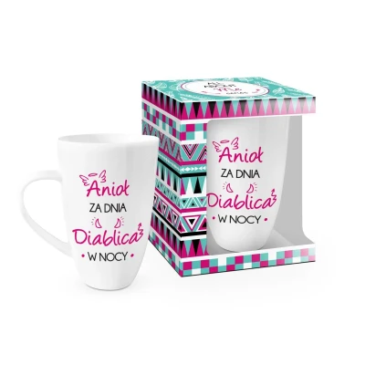 Wysoki kubek porcelanowy ALL ABOUT ME 400ml z motywem Anioła za dnia i Diablicy w nocy