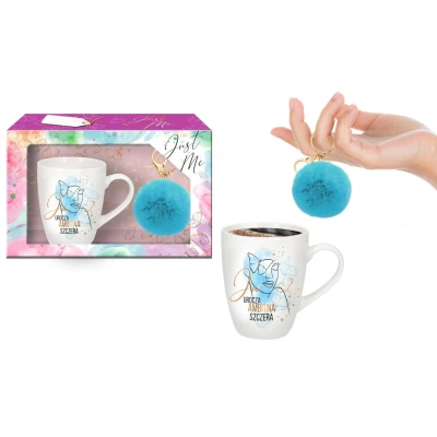 Kubek baryłka 300ml z napisem "Ja Urocza, Ambitna, Szczera" z niebieskim pomponem