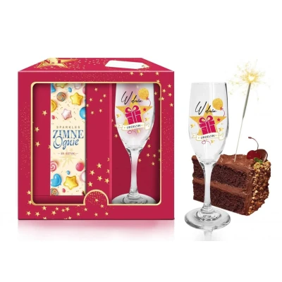 Zestaw do świętowania urodzin - kieliszek do szampana z napisem + zimne ognie