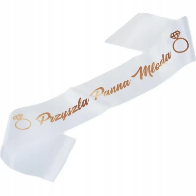 Szarfa na wieczór panieński w kolorze białym z nadrukiem rose gold "Przyszła Panna Młoda"
