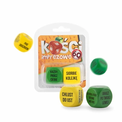 Kości imprezowe drewniane na 60. urodziny - kolorowe, interaktywne, zestaw 2szt.