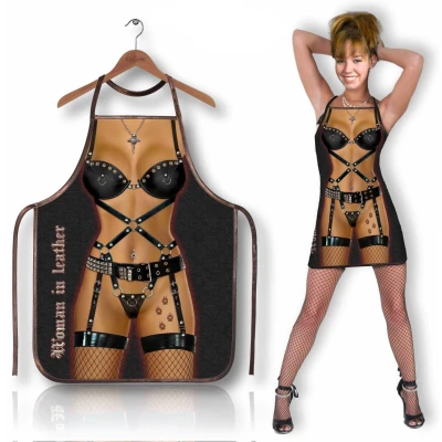 Fartuch kuchenny skórzany dla kobiet - elegancki model Woman in Leather z metalowymi zdobieniami