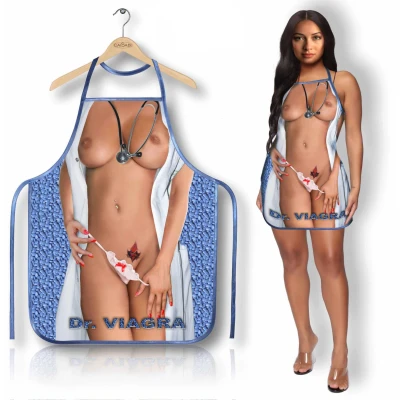 Fartuch kuchenny z odważnym motywem Dr. Viagra, idealny na przyjęcia i prezent.