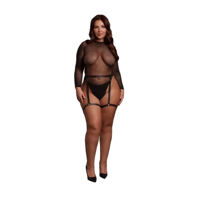 Bodysuit z otwartymi plecami, eko skórzanymi garterami, plus size, czarny/złoty błyszczący