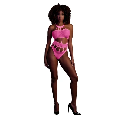 Body z greckim dekoltem, neonowy róż, rozmiary XS/XL, elastyczny materiał