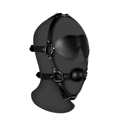 Uprząż z opaską na głowę i solidnym kneblem kulkowym - czarna, regulowana, wygodna