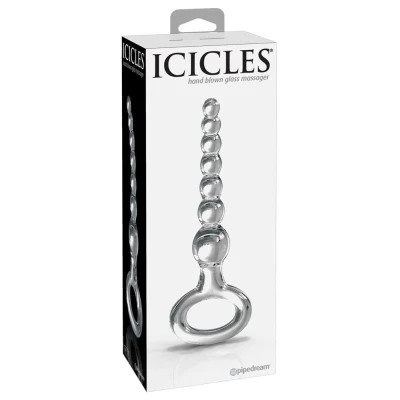 Zakrzywiony łańcuszek analny ze szkła, 7 kulistek, długość 21 cm, średnica 1,4-3,7 cm