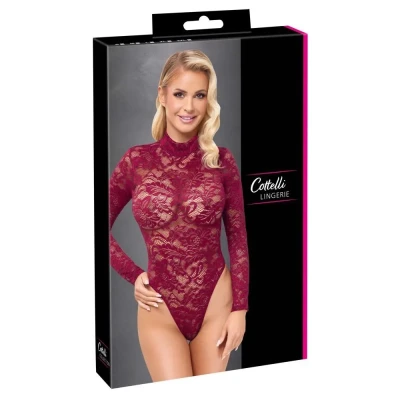 Body koronkowe bordowe z długim rękawem, XL - eleganckie i zmysłowe Cottelli LINGERIE
