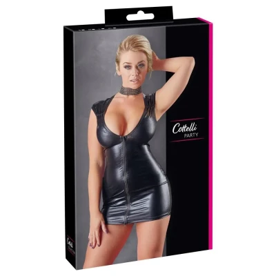 Sukienka mini wet look z głębokim dekoltem i dwukierunkowym zamkiem błyskawicznym