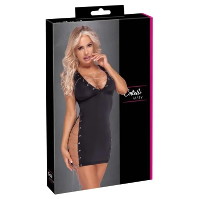 Sukienka mini z lacingiem, dopasowana, czarna, półprzezroczysta, elegancka