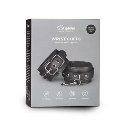 Kajdanki do Niewoli - Regulowane, Ekoskórne Mankiety z Metolowym Łańcuchem - Czarne