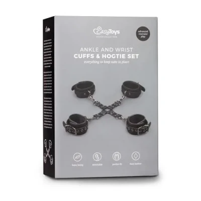 Zestaw do zabawy w niewolę z mankietami nadgarstków i kostek oraz regulowanym hogtie