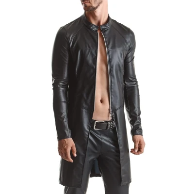 Płaszcz damski RMMario001 - czarny, elastyczny, L, fetyszowy stylem, z kontrastowymi przeszyciami