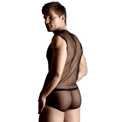 Zestaw bielizny net set - koszulka i thong, czarny, rozmiar M/L, zmysłowy design