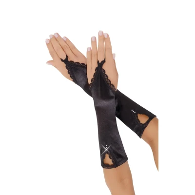 Eleganckie długie rękawiczki czarne 7710 z koronkowym wykończeniem S/L