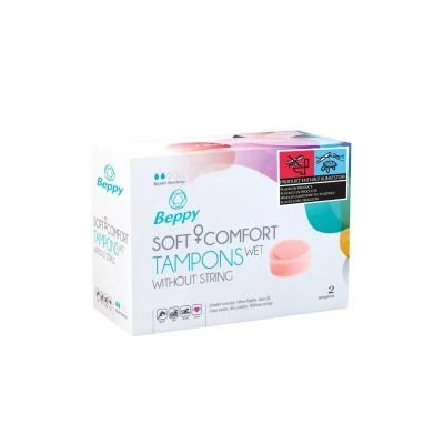 Tampony bez sznurka Beppy Soft & Comfort Wet, 2 sztuki, naturalny komfort i ochrona