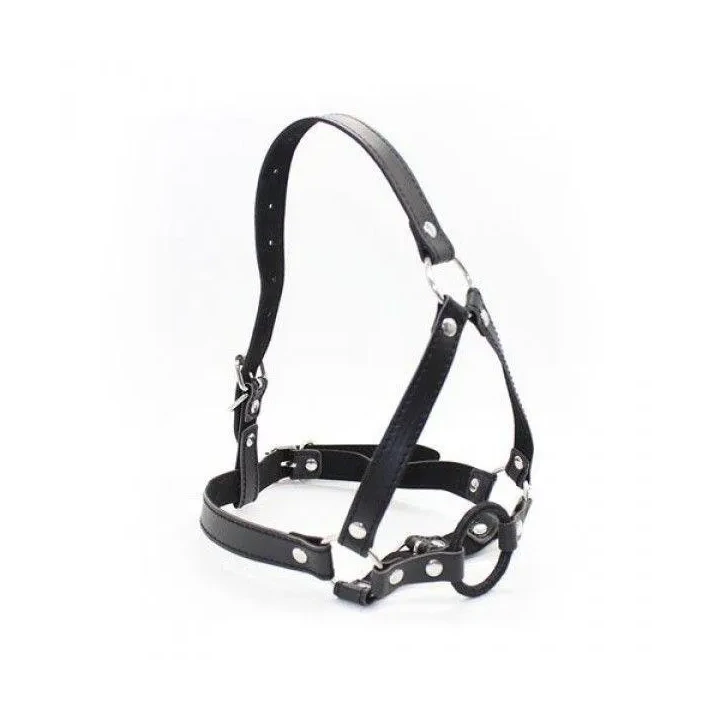 Uprząż głowy z pierścieniowym kneblem - skórzana, stalowa, dla fetyszyzmu i BDSM