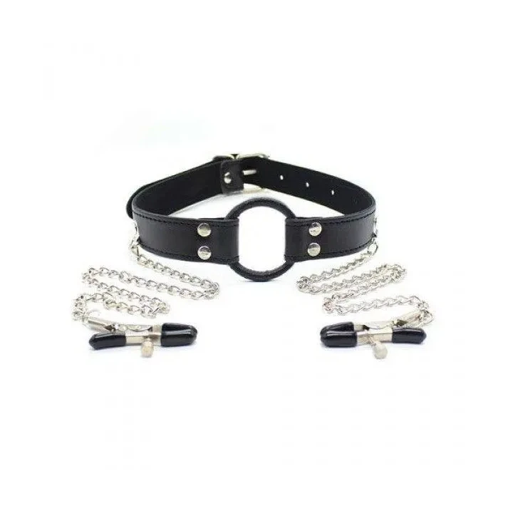 Stymulator do ust z zaciskami na sutki, czarny, dla miłośników fetyszyzmu