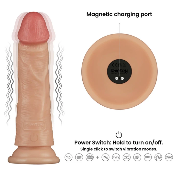 Wibracyjne dildo 7'' Power Basics Cock z przyssawką, wodoodporne, 10 trybów wibracji