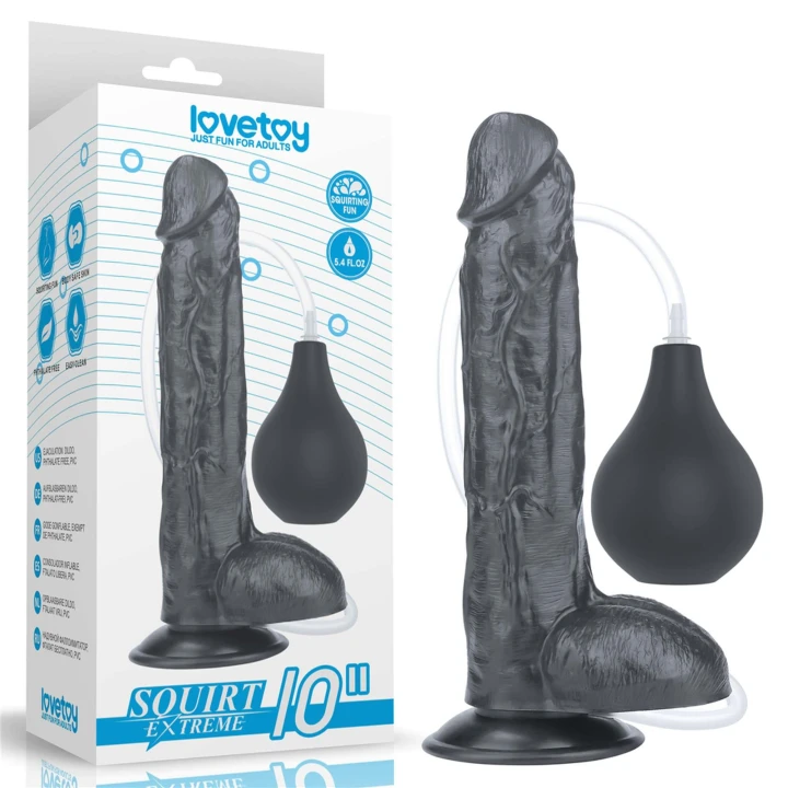Dildo o długości 25,4 cm z funkcją squirting, czarne, z przyssawką, PVC