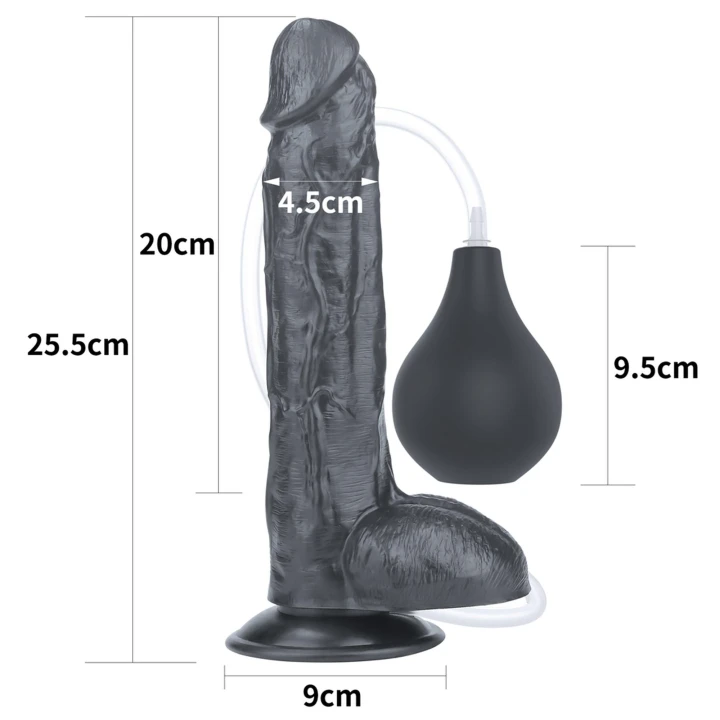 Dildo o długości 25,4 cm z funkcją squirting, czarne, z przyssawką, PVC