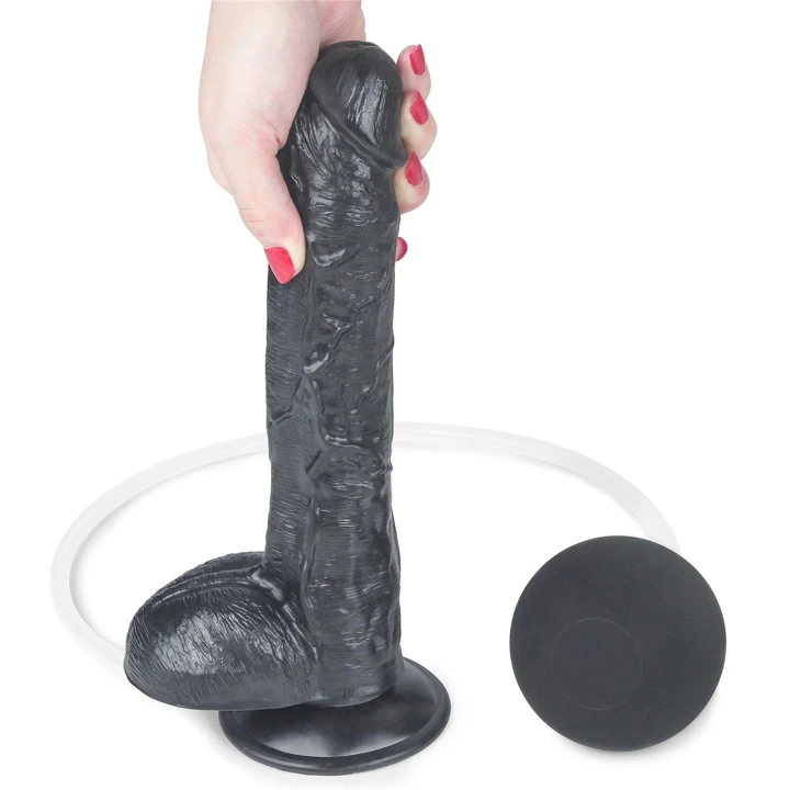 Dildo o długości 25,4 cm z funkcją squirting, czarne, z przyssawką, PVC