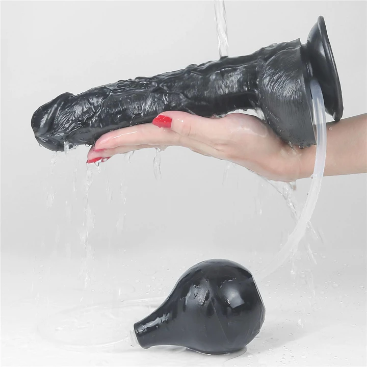 Dildo o długości 25,4 cm z funkcją squirting, czarne, z przyssawką, PVC