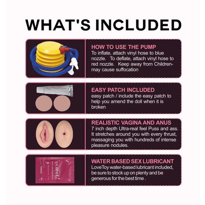 Lalka miłosna Silikonowa z realistycznymi piersiami, 4 otwory, akcesoria w zestawie