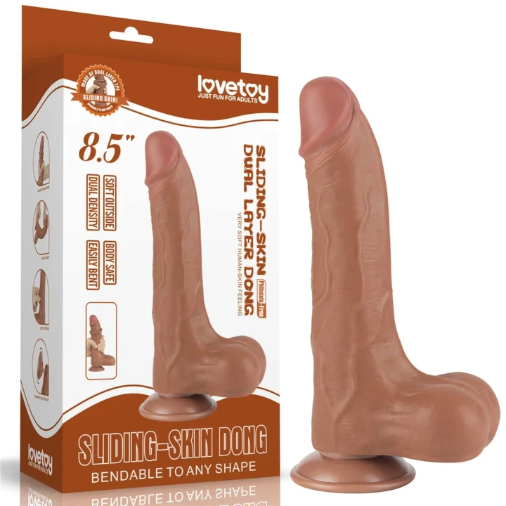 Dildo realistyczne 8.5'' Sliding Skin, brązowe, z podwójną warstwą TPE, przyssawka