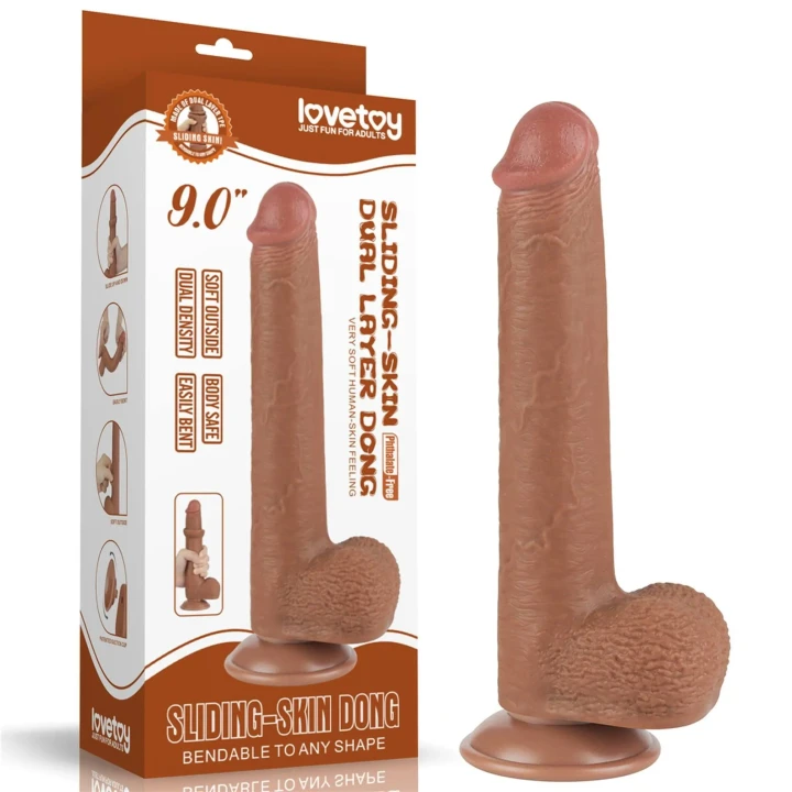 Dildo 9'' z realistycznego TPE, podwójna gęstość, brązowe, przyssawka