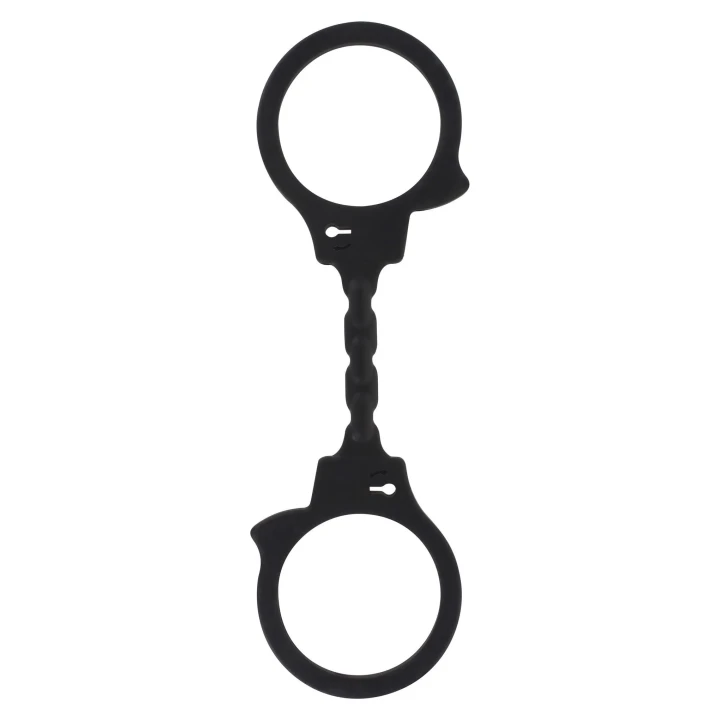 Elastyczne kajdanki erotyczne TPR w kolorze czarnym, długość 25 cm, komfortowe i wszechstronne.