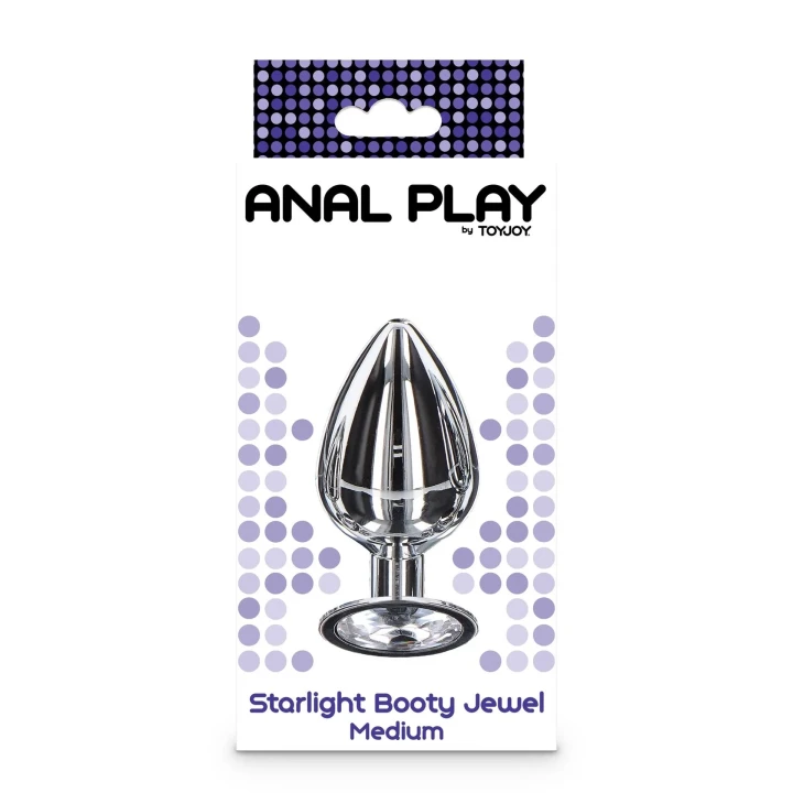 Elegancki buttplug Starlight Booty Jewel, średni, srebrny, z ozdobnym kamieniem szklanym