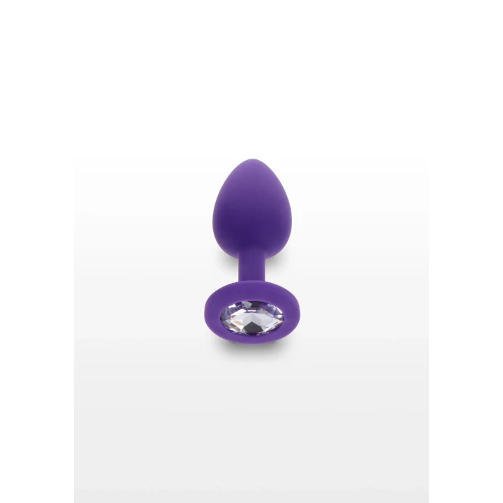 Elegancki butt plug z akrylowym kryształem, mały, fioletowy, silikonowy