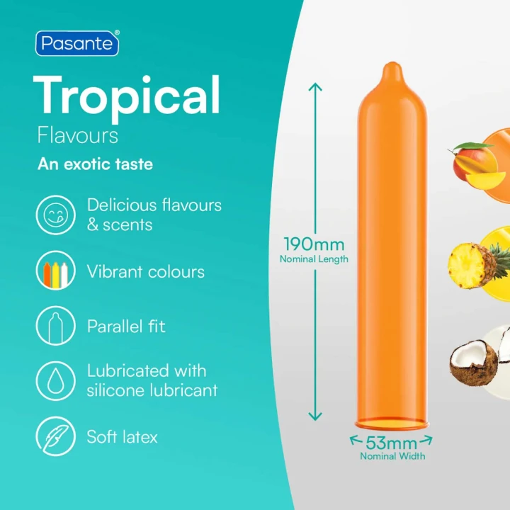 Prezerwatywy Pasante Tropical 144 szt. - egzotyczne smaki mango, ananas, kokos
