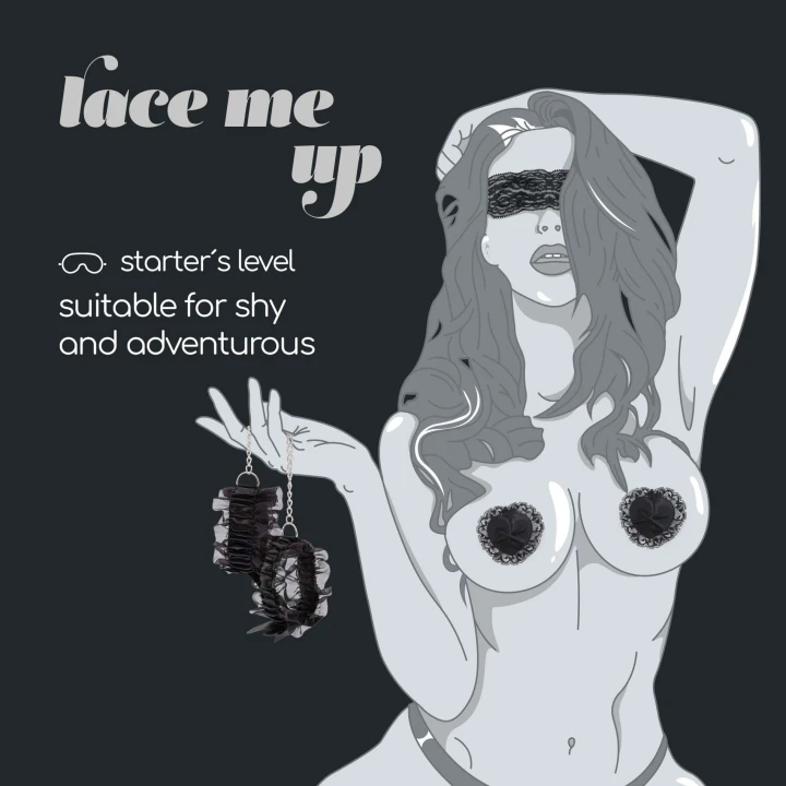 Zestaw z koronką do bondage, czarny - elegancka opaska, elastyczne kajdanki, nakładki na sutki