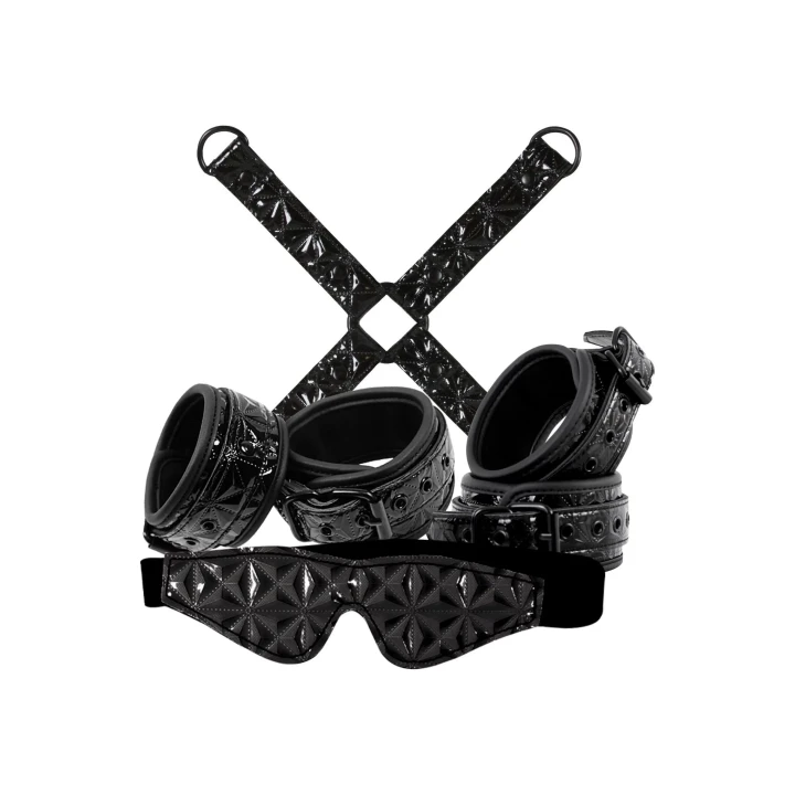 Zestaw do bondage, czarny, mankiety z regulacją, maska, hak więzów, wodoodporny
