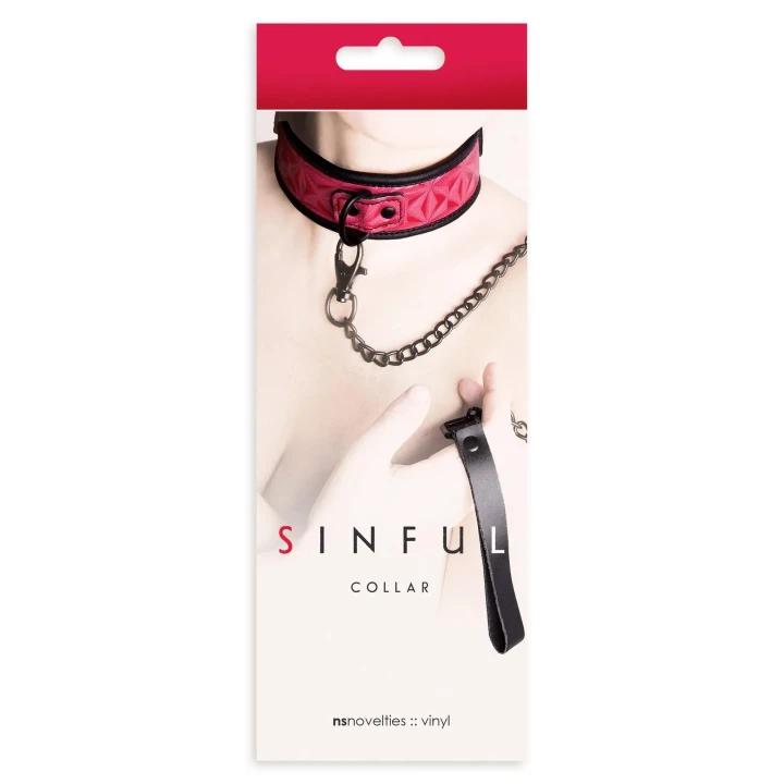 Obroża BDSM z smyczą SINFUL COLLAR PINK, regulowana, wodoodporna, vinyl/neopren