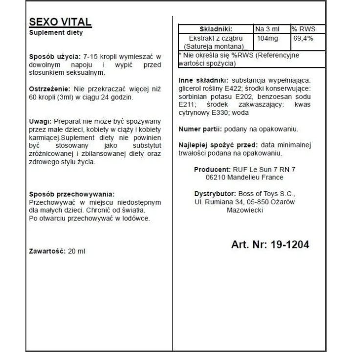 Krople afrodyzjakalne Sexovital z hiszpańską muchą, 20 ml - wsparcie dla intymności