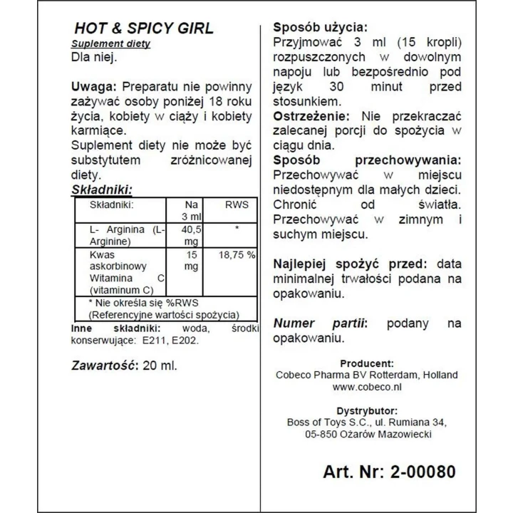 Suplement diety na poprawę sprawności seksualnej Hot Spicy Girl 20ml